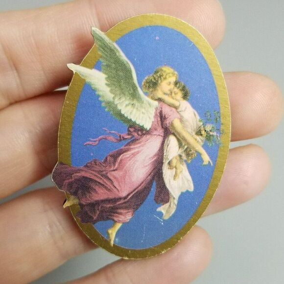 Vintage Guardian Angel Blue Pink Winged Cherub Oval Brooch, Estate Lapel Pin - Picture 7 of 8